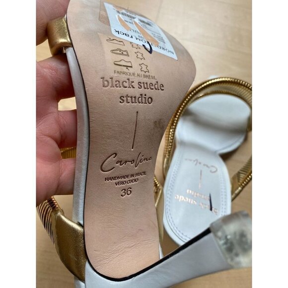 BLACK Suede Studio BNWT "Lisa" Dual Band Heels Gold White Sz 36 New Leather - Picture 7 of 10